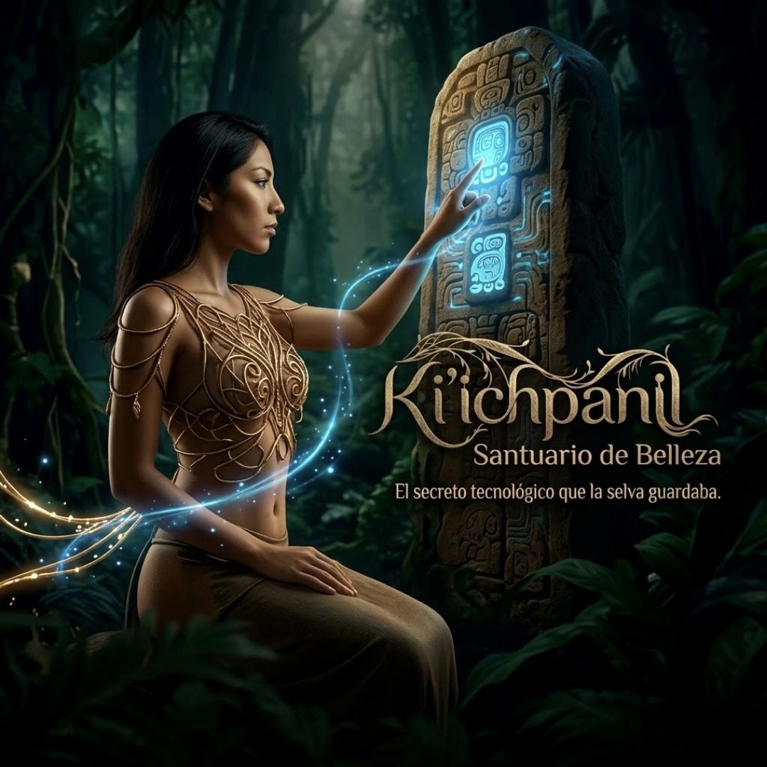 Mujer maya tocando estela tecnológica brillante